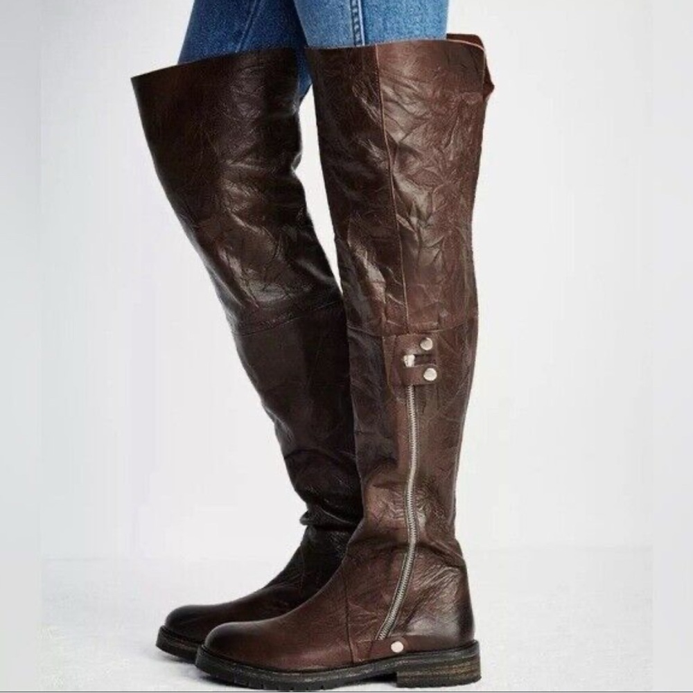 Free People Braxton over the knee boho/moto distressed brown leather boot. Sz 7